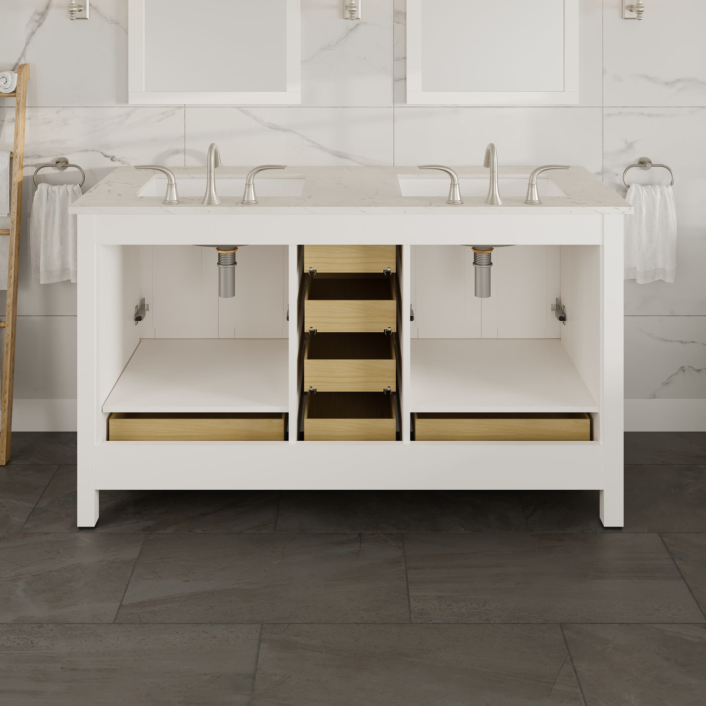 Aberdeen 60"W x 22"D White Double Sink Bathroom Vanity with White Carrara Quartz Countertop and Undermount Porcelain Sinks