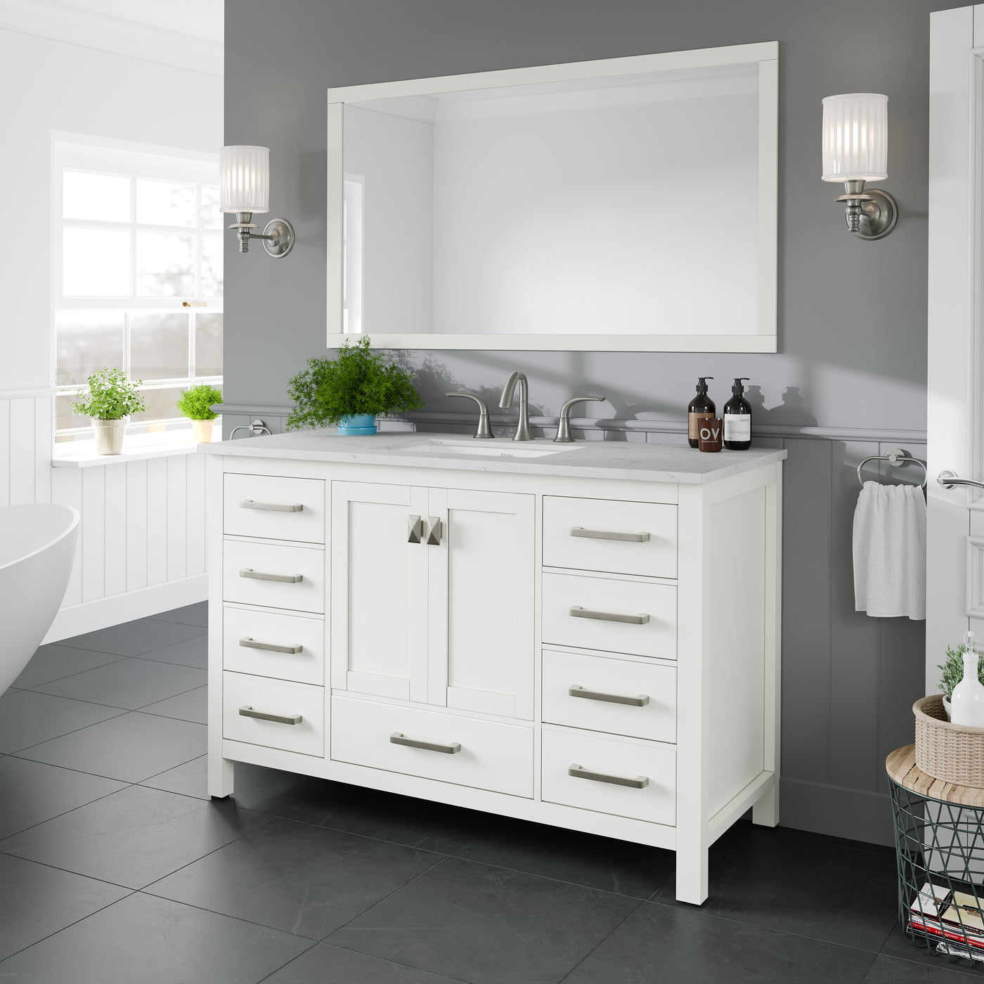 Aberdeen 48"W x 22"D White Bathroom Vanity with White Carrara Quartz Countertop and Undermount Porcelain Sink