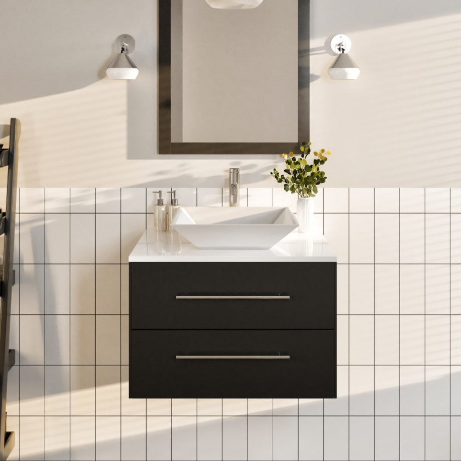 A modern wall-mounted single sink bath vanity with an espresso finish and a white quartz top, featuring a vessel porcelain sink, two drawers with stainless steel handles, and a mirror above it.