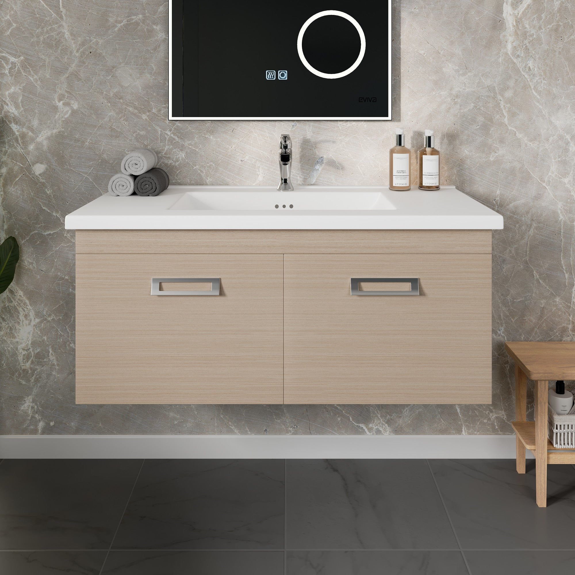Orleans 38 in. Light Oak Wall Mount Single Sink Bath Vanity with Porcelain Top and Integrated Sink