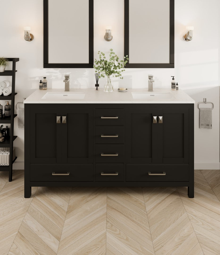 London 60"W x 18"D Espresso Double Sink Bathroom Vanity with White Carrara Quartz Countertop and Undermount Porcelain Sinks