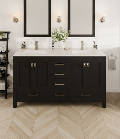 London 60"W x 18"D Espresso Double Sink Bathroom Vanity with White Carrara Quartz Countertop and Undermount Porcelain Sinks