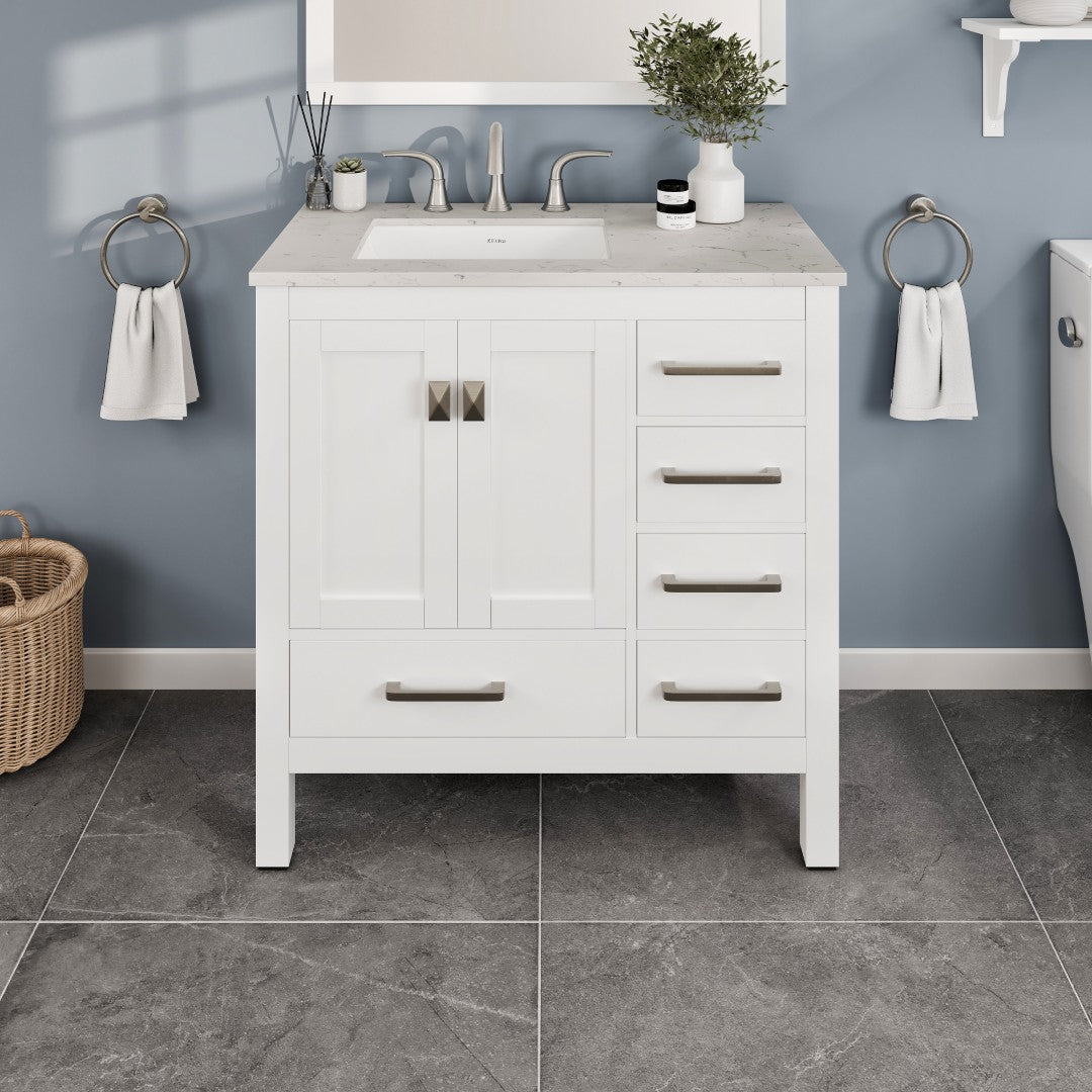 Aberdeen 36 in. White Single Sink Bath Vanity with Carrara Quartz Top and Undermount Porcelain Sink