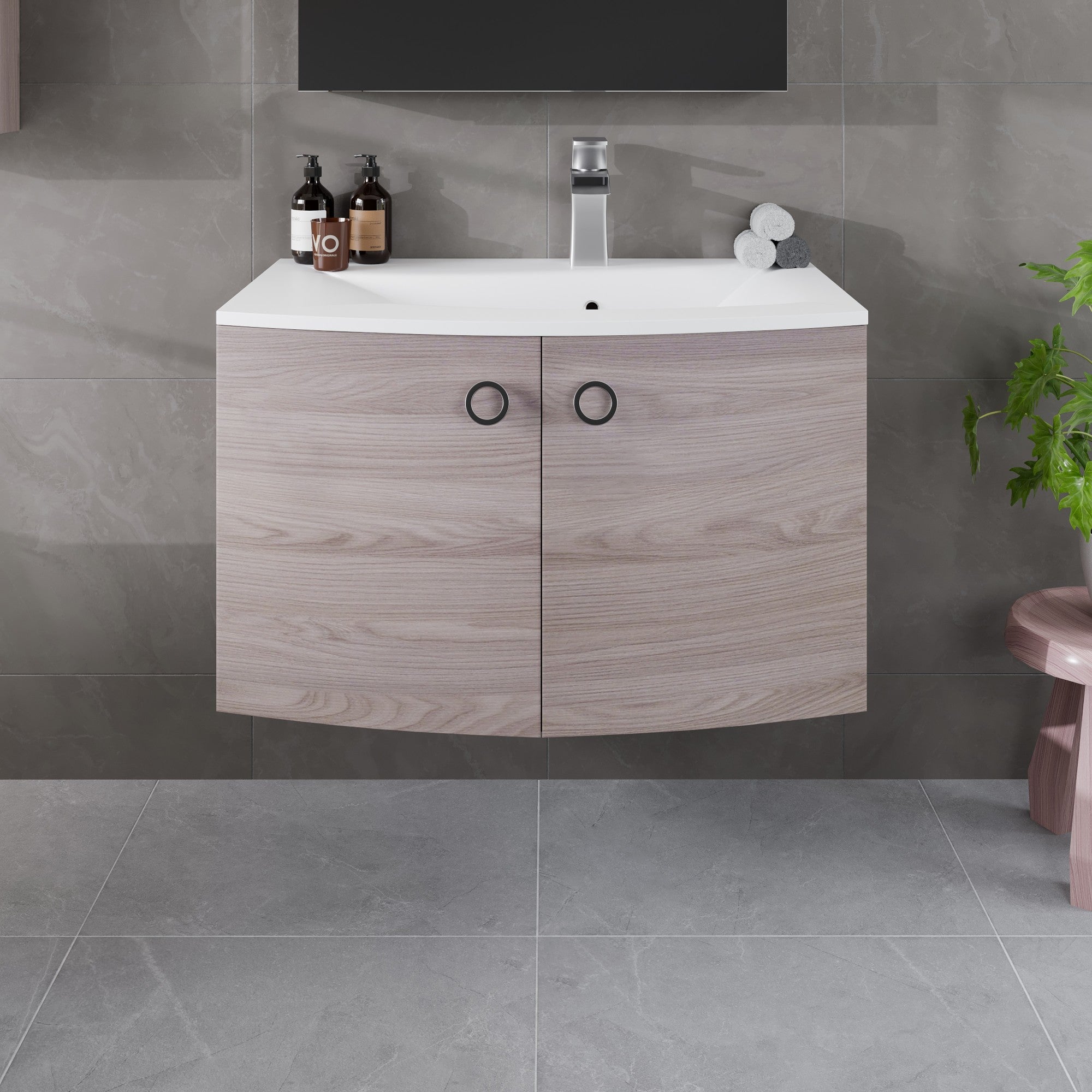 Romina 28 in. Gray Oak Wall Mount Single Sink Bath Vanity with Acrylic Top and Integrated Sink