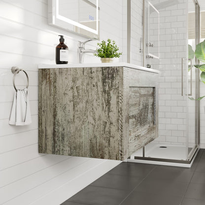 Capri 32 in. Vintage Ash Wall Mount Single Sink Bath Vanity with Porcelain Top and Integrated Sink