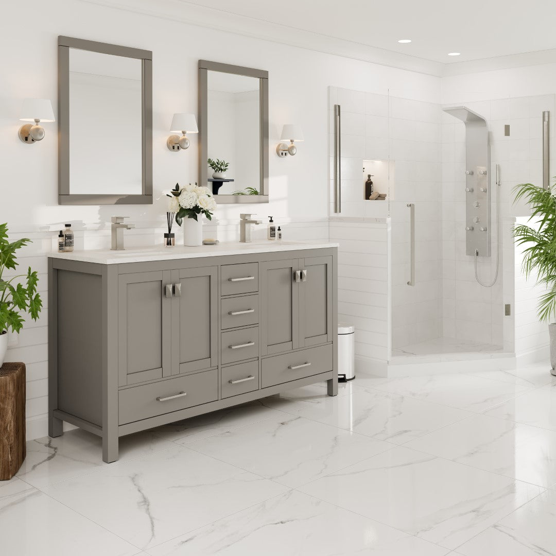 London 60"W x 18"D Gray Double Sink Bathroom Vanity with White Carrara Quartz Countertop and Undermount Porcelain Sinks