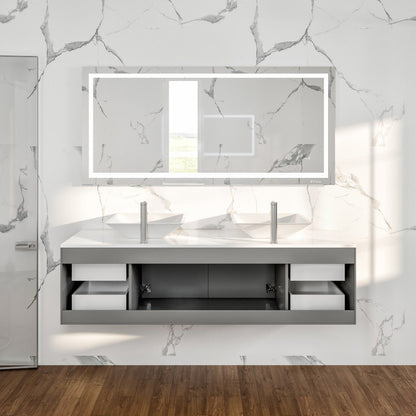 Wave 72 in. Gray Wall Mount Double Sink  Bath Vanity with White Quartz Top and Vessel Porcelain Sinks