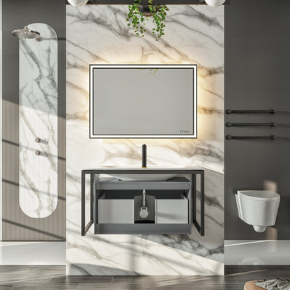 Modena 32 in. Gray Wall Mount Single Sink Bath Vanity with Solid Surface Top and Integrated Sink