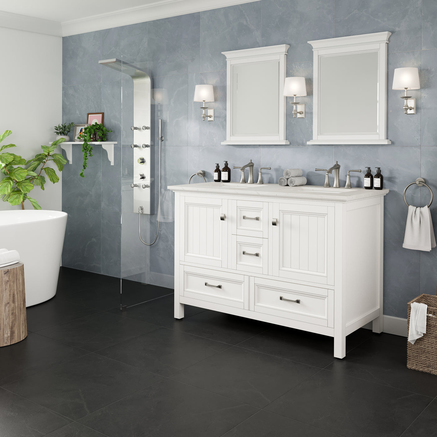 Britney 48"W x 22"D White Double Sink Bathroom Vanity with White Carrara Quartz Countertop and Undermount Porcelain Sinks