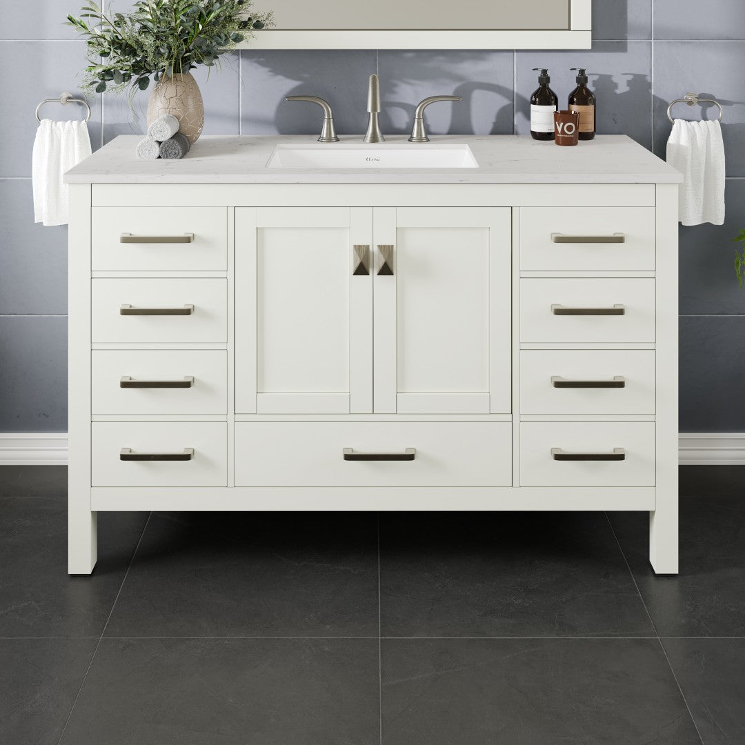 Aberdeen 54 in. White Single Sink Bath Vanity with Carrara Quartz Top and Undermount Porcelain Sink