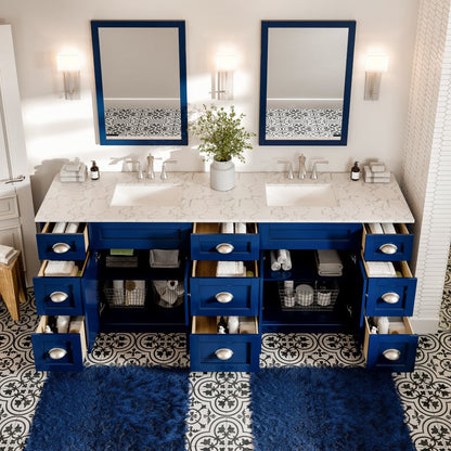 Epic 96 in. Blue Double Sink  Bath Vanity with Carrara Quartz Top and Undermount Porcelain Sinks