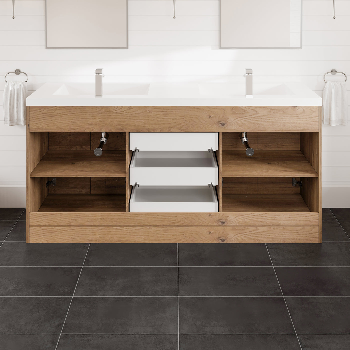 Lugano 72"W x 20"D Natural Oak Double Sink Bathroom Vanity with White Acrylic Countertop and Integrated Sinks