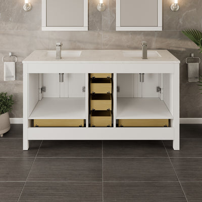 London 60"W x 18"D White Double Sink Bathroom Vanity with White Carrara Quartz Countertop and Undermount Porcelain Sinks