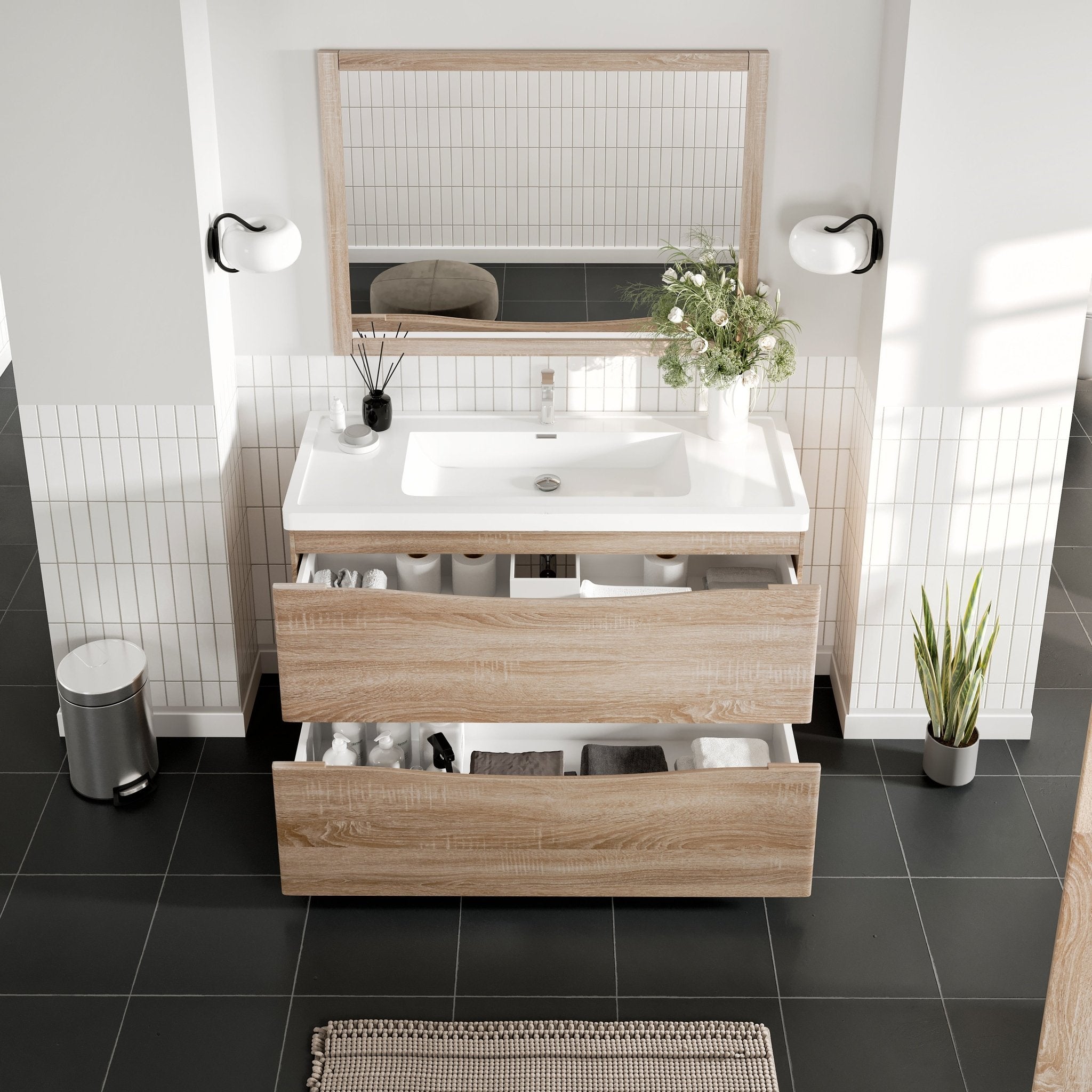 Smile 48 in. White Oak Single Sink Bath Vanity with Acrylic Top and Integrated Sink - Bathroom Vanity by Eviva