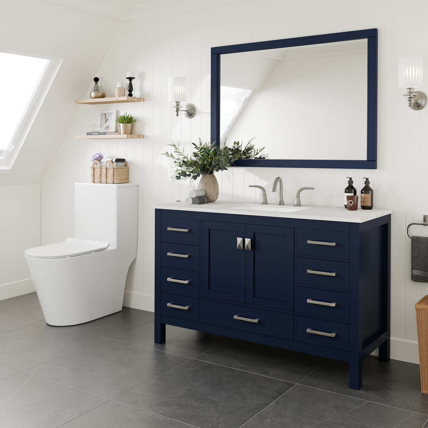 Aberdeen 54"W x 22"D Blue Bathroom Vanity with White Carrara Quartz Countertop and Undermount Porcelain Sink