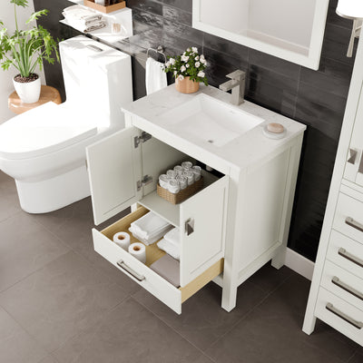 London 30"W x 18"D White Bathroom Vanity with White Carrara Quartz Countertop and Undermount Porcelain Sink