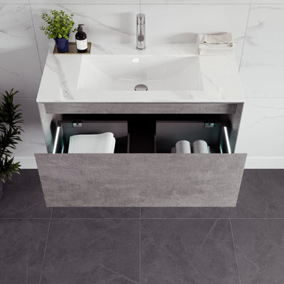 Vista 36"W x 23"D Concrete Gray Wall Mount Bathroom Vanity with White Carrara Quartz Countertop and Undermount Porcelain Sink