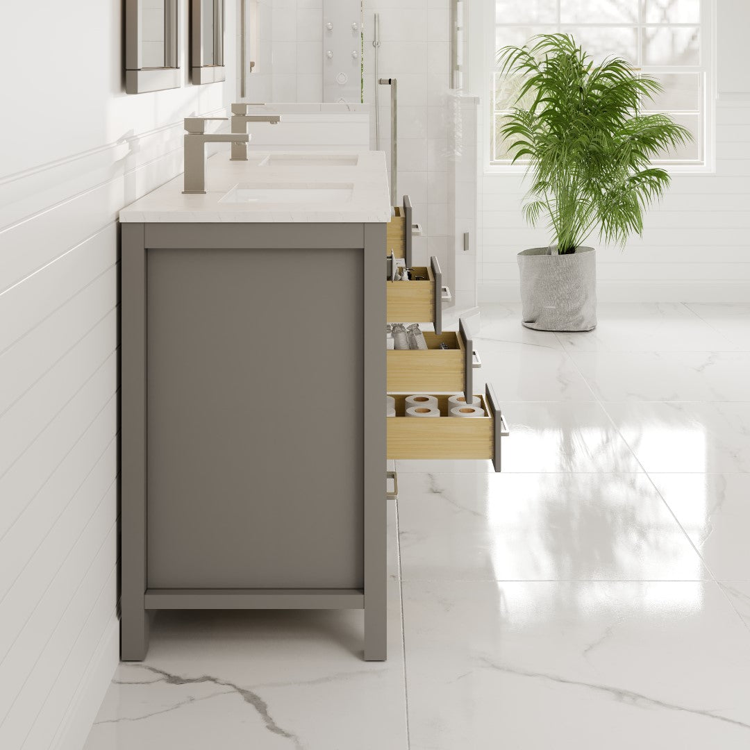 London 60"W x 18"D Gray Double Sink Bathroom Vanity with White Carrara Quartz Countertop and Undermount Porcelain Sinks