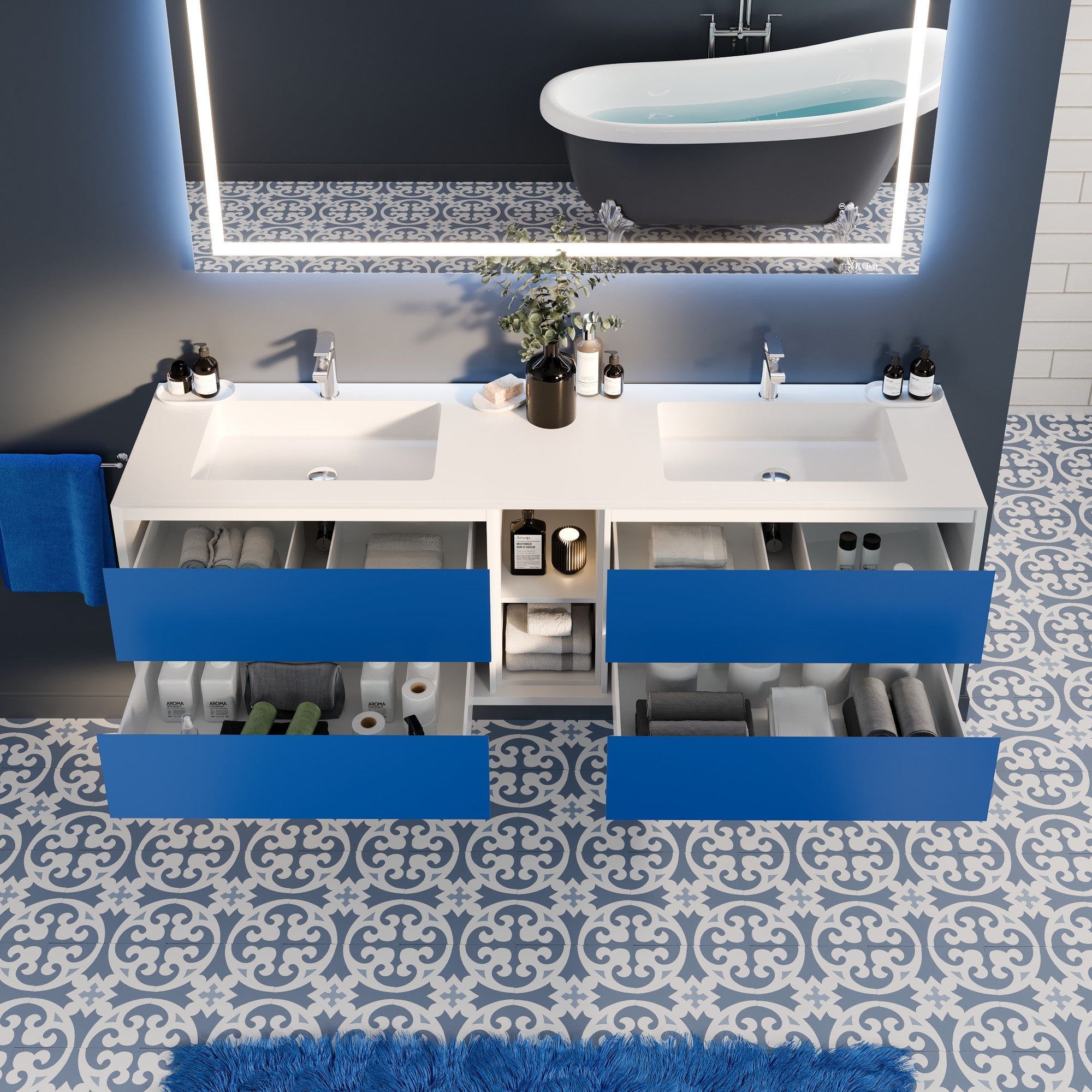 Vienna 75 in. Blue Wall Mount Double Sink Bath Vanity with Acrylic Top and Integrated Sinks