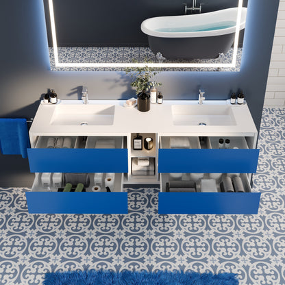 Vienna 75 in. Blue Wall Mount Double Sink Bath Vanity with Acrylic Top and Integrated Sinks