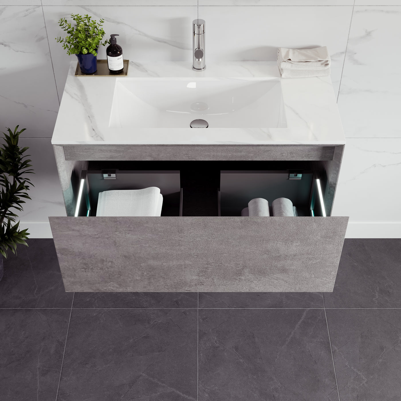 Vista 40"W x 23"D Concrete Gray Wall Mount Bathroom Vanity with White Carrara Quartz Countertop and Undermount Porcelain Sink