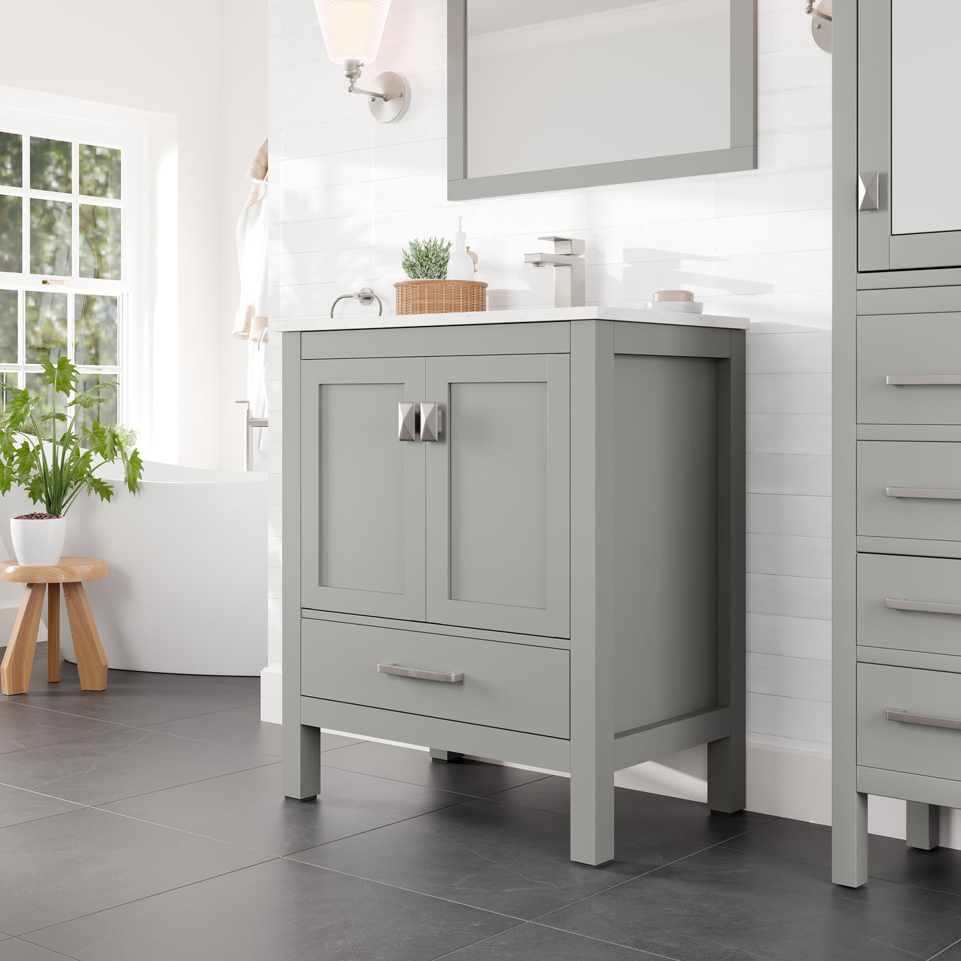 London 30"W x 18"D Gray Bathroom Vanity with White Carrara Quartz Countertop and Undermount Porcelain Sink