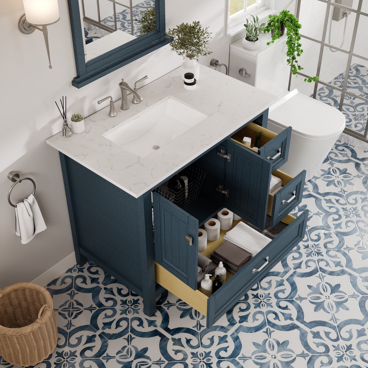 Britney 36"W x 22"D Ash Blue Bathroom Vanity with Carrara Quartz Countertop and Undermount Porcelain Sink