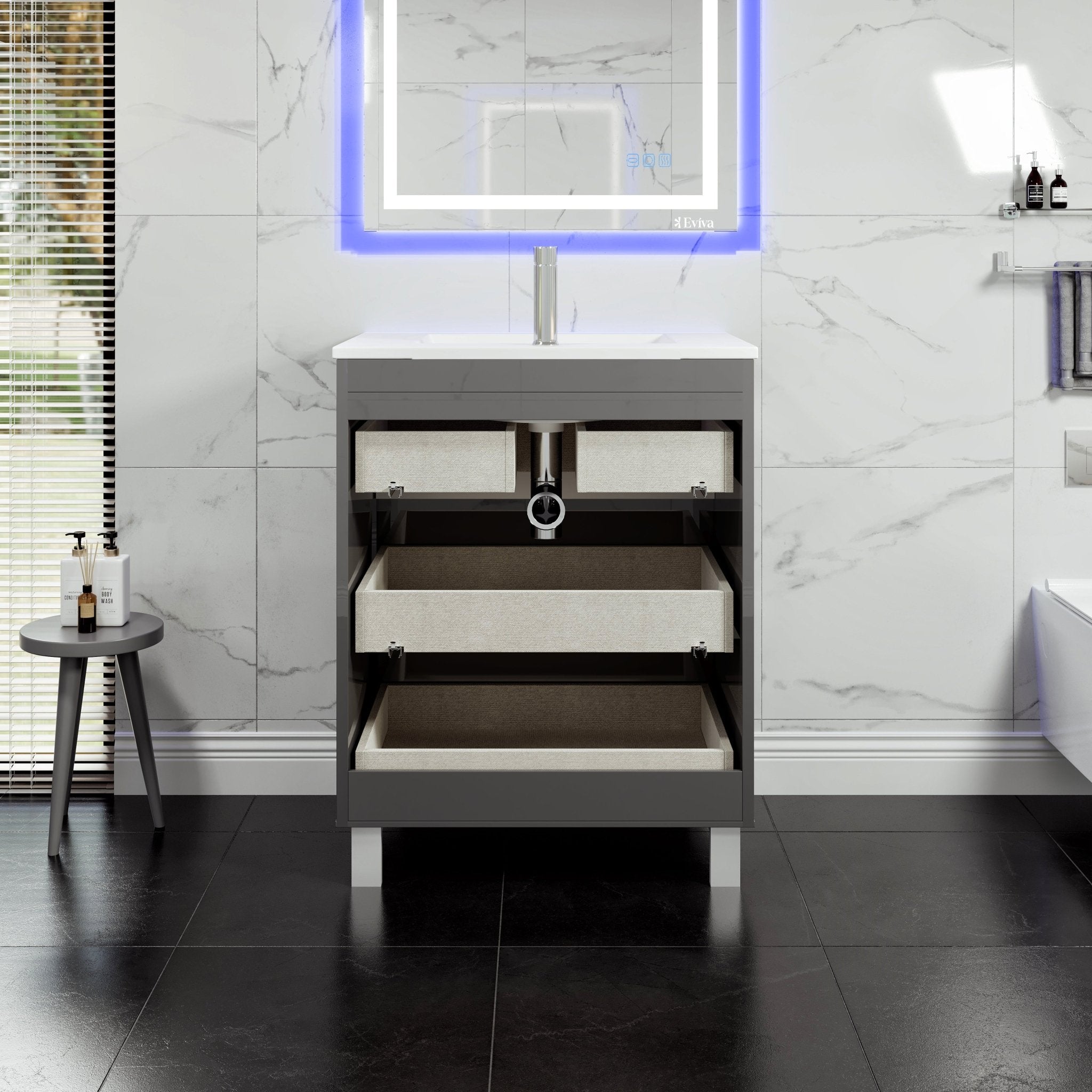 Deluxe 32 in. Gray Single Sink Bath Vanity with Porcelain Top and Integrated Sink - Bathroom Vanity by Eviva
