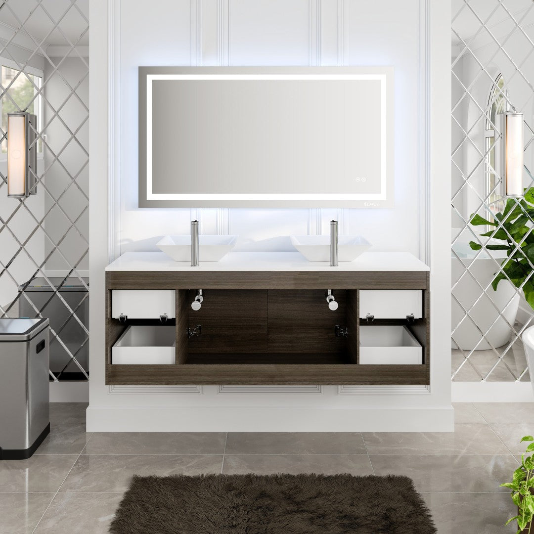 Luxurious 60 in. Gray Oak Wall Mount Double Sink Bath Vanity with White Quartz Top and Vessel Porcelain Sinks