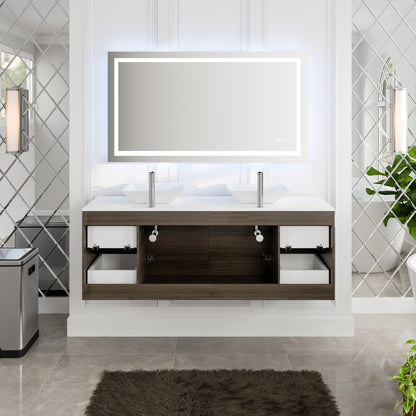 Luxurious 60 in. Gray Oak Wall Mount Double Sink Bath Vanity with White Quartz Top and Vessel Porcelain Sinks