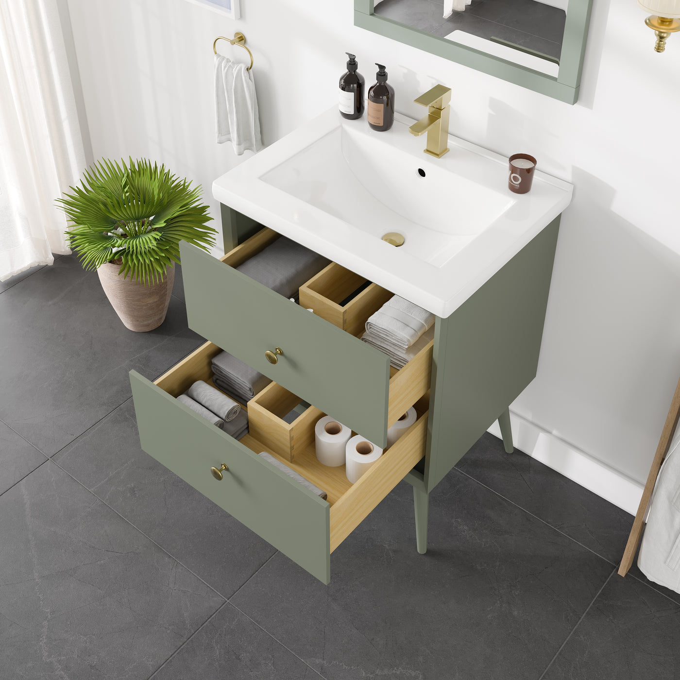 Green 24"W x 18"D Vintage Green Bathroom Vanity with White Porcelain Countertop and Integrated Sink