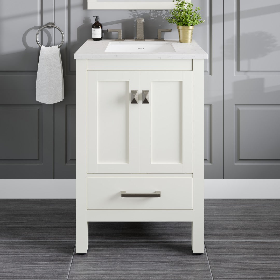 Aberdeen 24 in. White Single Sink Bath Vanity with Carrara Quartz Top and Undermount Porcelain Sink