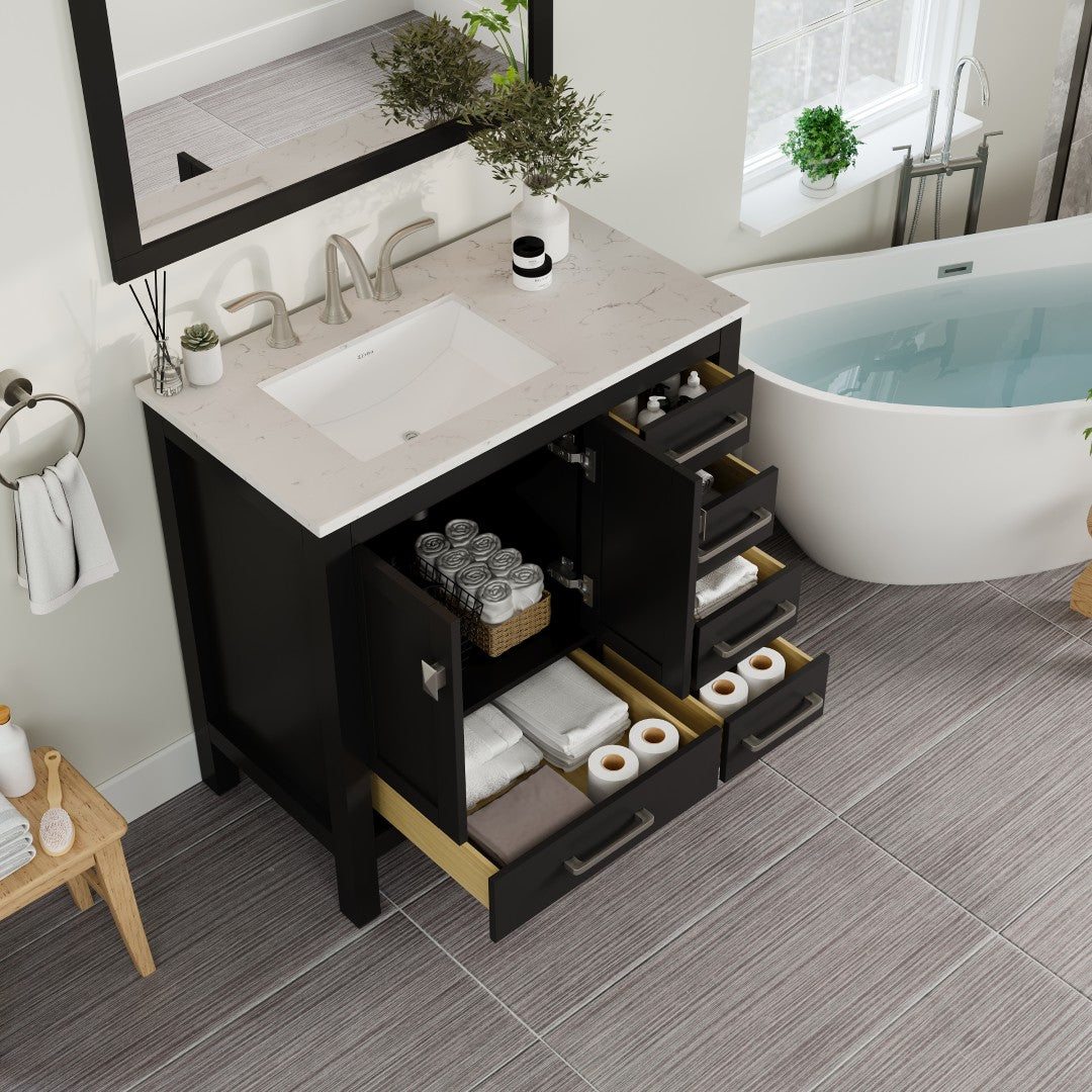 Aberdeen 36 in. Espresso Single Sink Bath Vanity with Carrara Quartz Top and Undermount Porcelain Sink