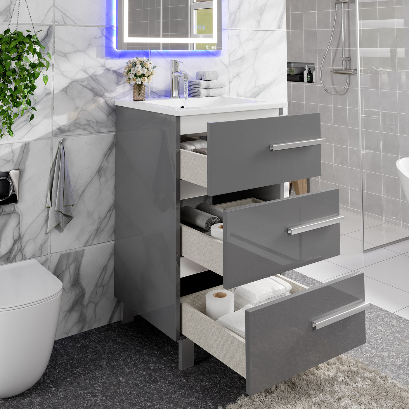 Deluxe 24"W x 18"D Gray Bathroom Vanity with White Porcelain Countertop and Integrated Sink