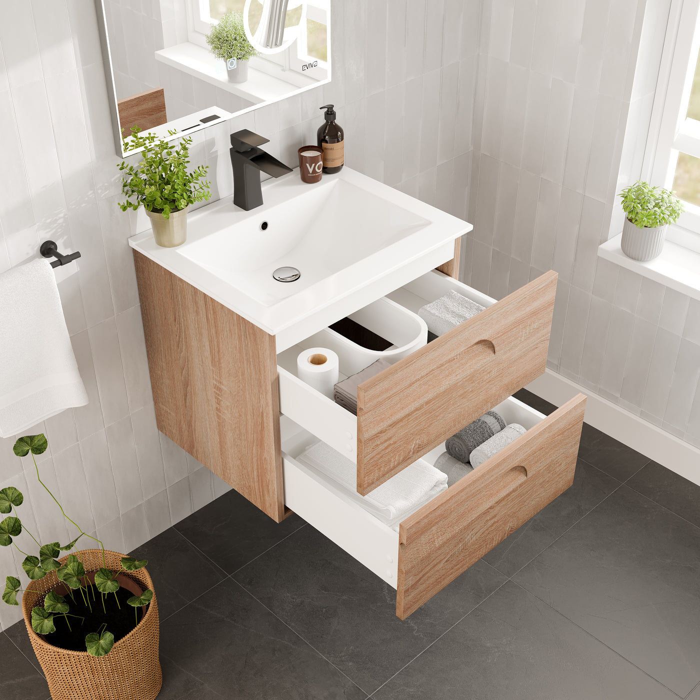 Joy 24"W x 18"D Maple Wall Mount Bathroom Vanity with White Porcelain Countertop and Integrated Sink