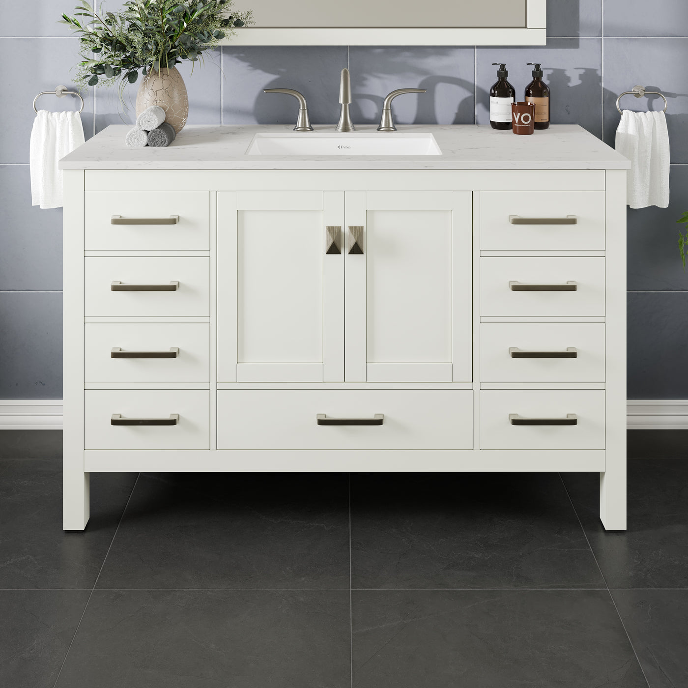 Aberdeen 54"W x 22"D White Bathroom Vanity with White Carrara Quartz Countertop and Undermount Porcelain Sink