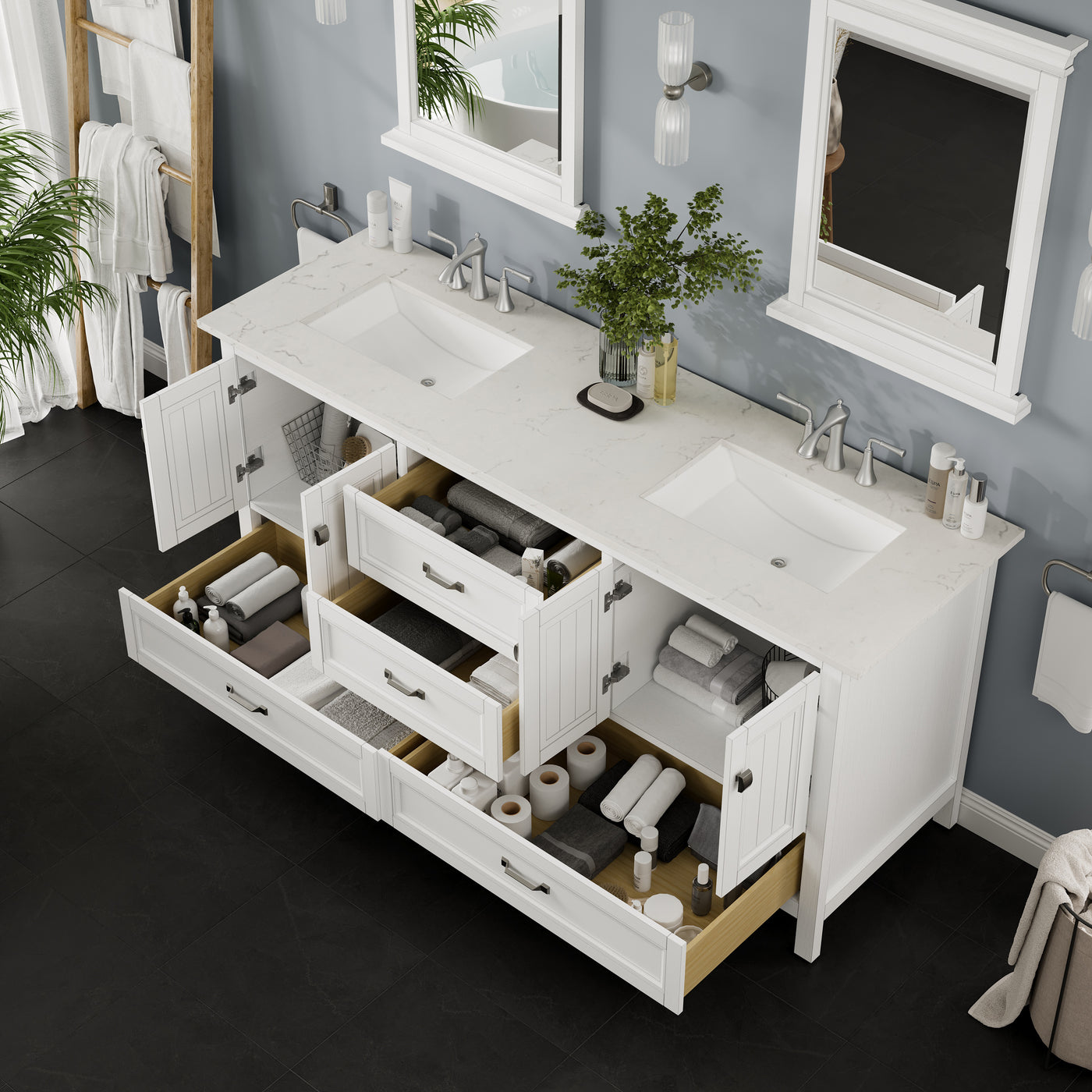 Britney 72"W x 22"D White Double Sink Bathroom Vanity with White Carrara Quartz Countertop and Undermount Porcelain Sinks