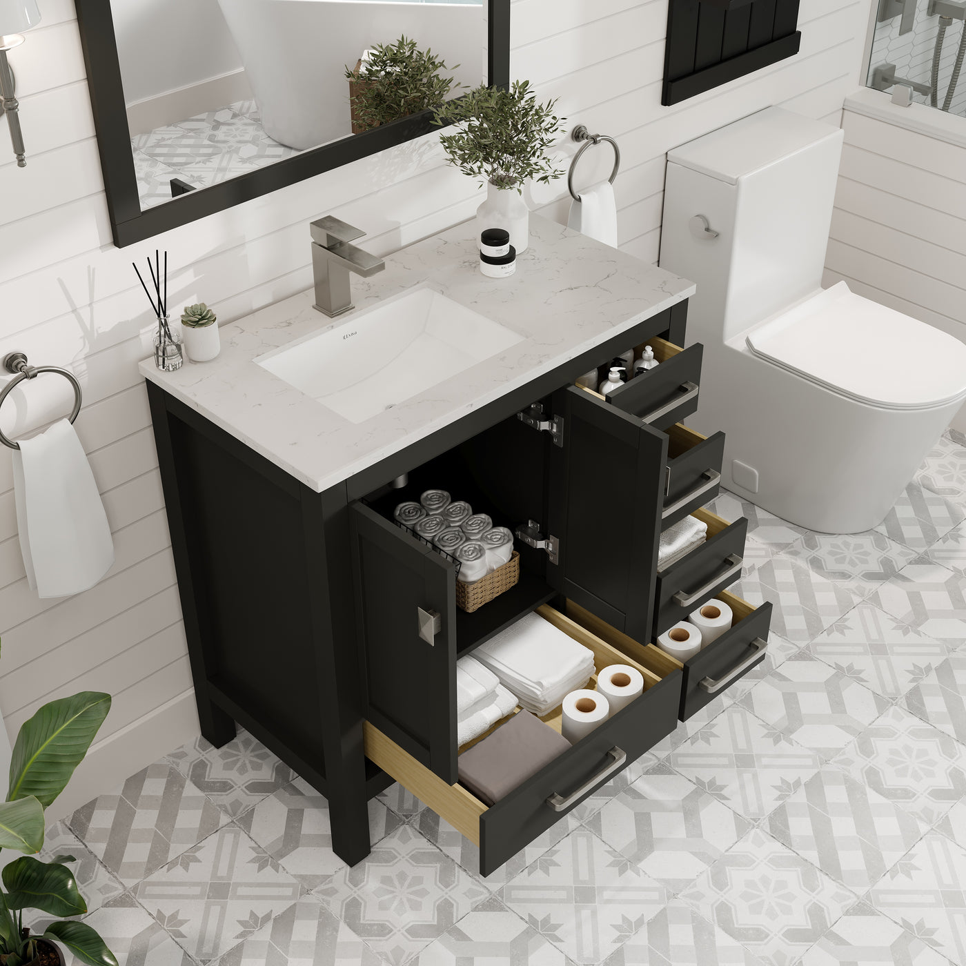 London 38"W x 18"D Espresso Bathroom Vanity with White Carrara Quartz Countertop and Undermount Porcelain Sink