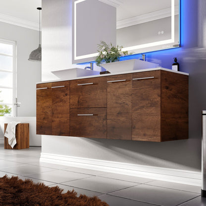 Lux 60 in. Rosewood Wall Mount Double Sink Bath Vanity with White Quartz Top and Vessel Porcelain Sinks