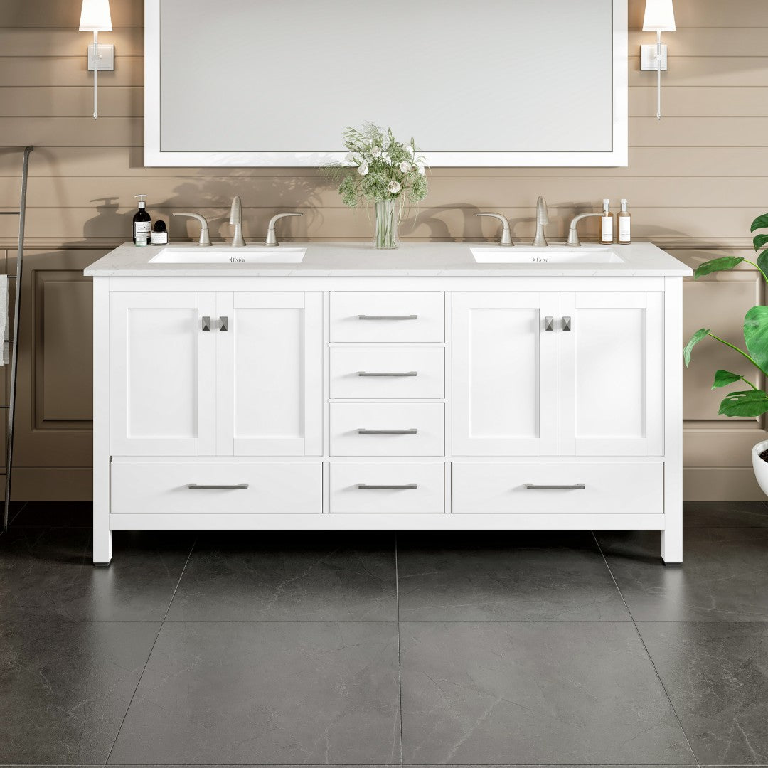 Aberdeen 72 in. White Double Sink  Bath Vanity with Carrara Quartz Top and Undermount Porcelain Sinks