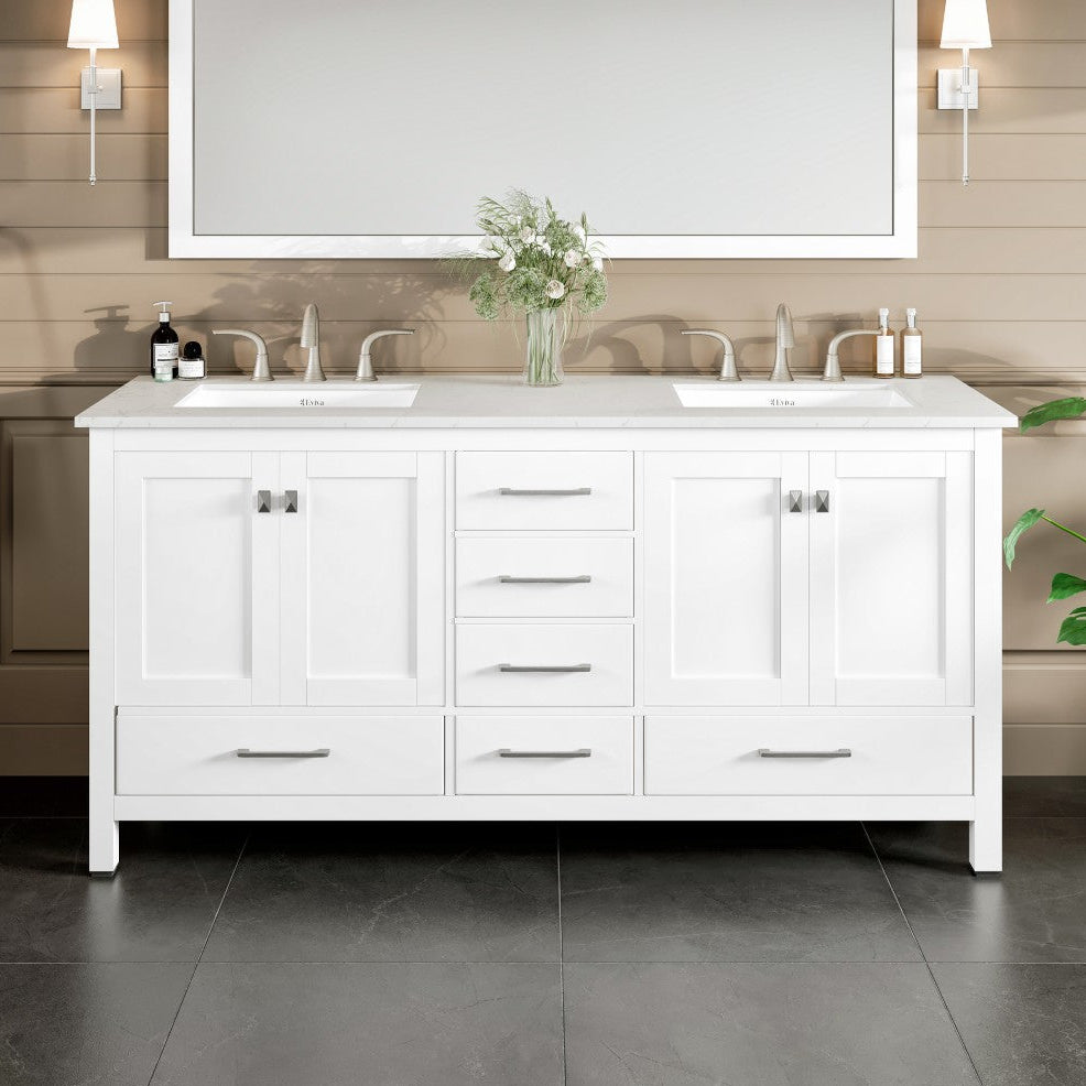 A white double sink bathroom vanity with Carrara quartz top, undermount porcelain sinks, and brushed nickel fixtures.