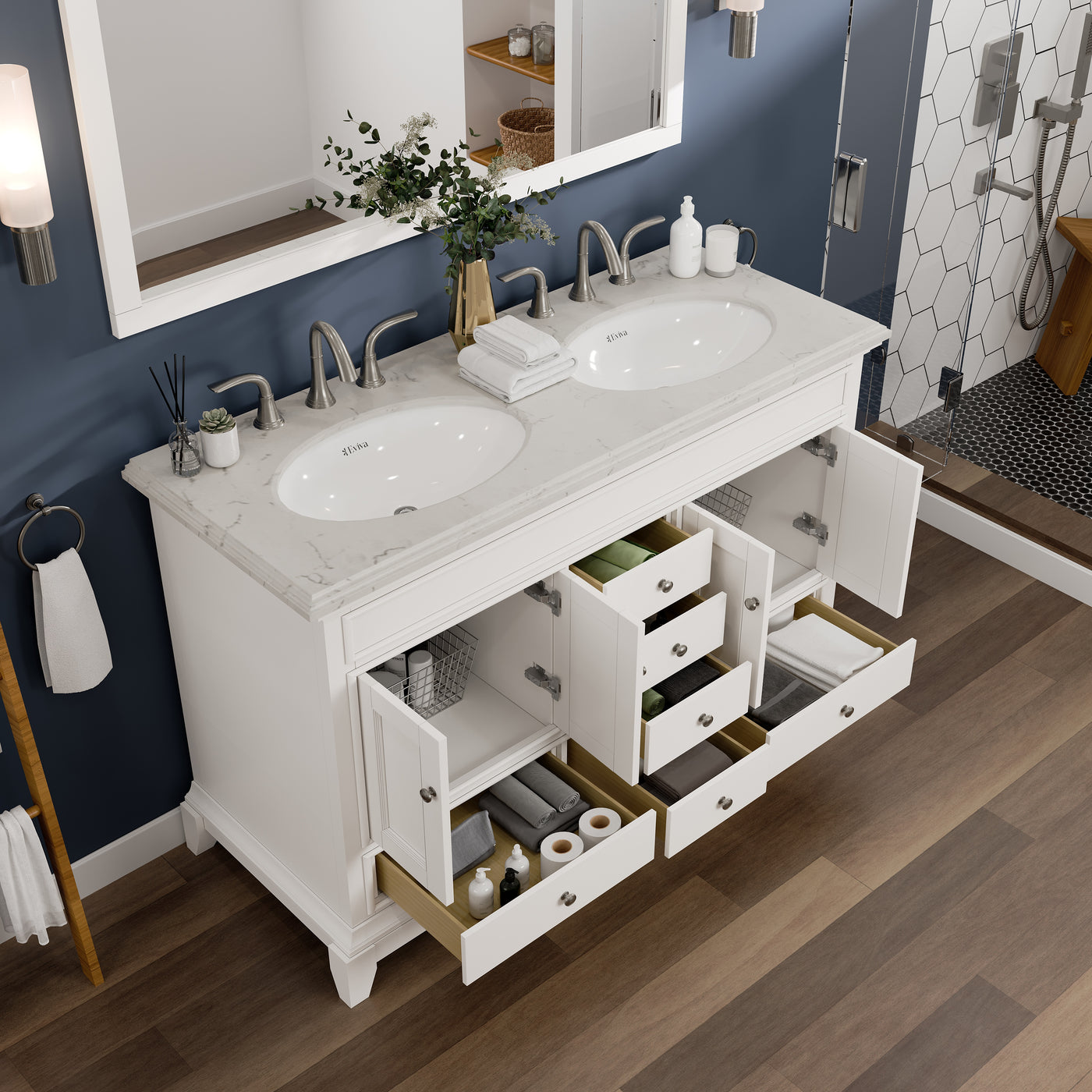 Elite Stamford 48"W x 22"D White Double Sink Bathroom Vanity with White Carrara Quartz Countertop and Undermount Porcelain Sinks