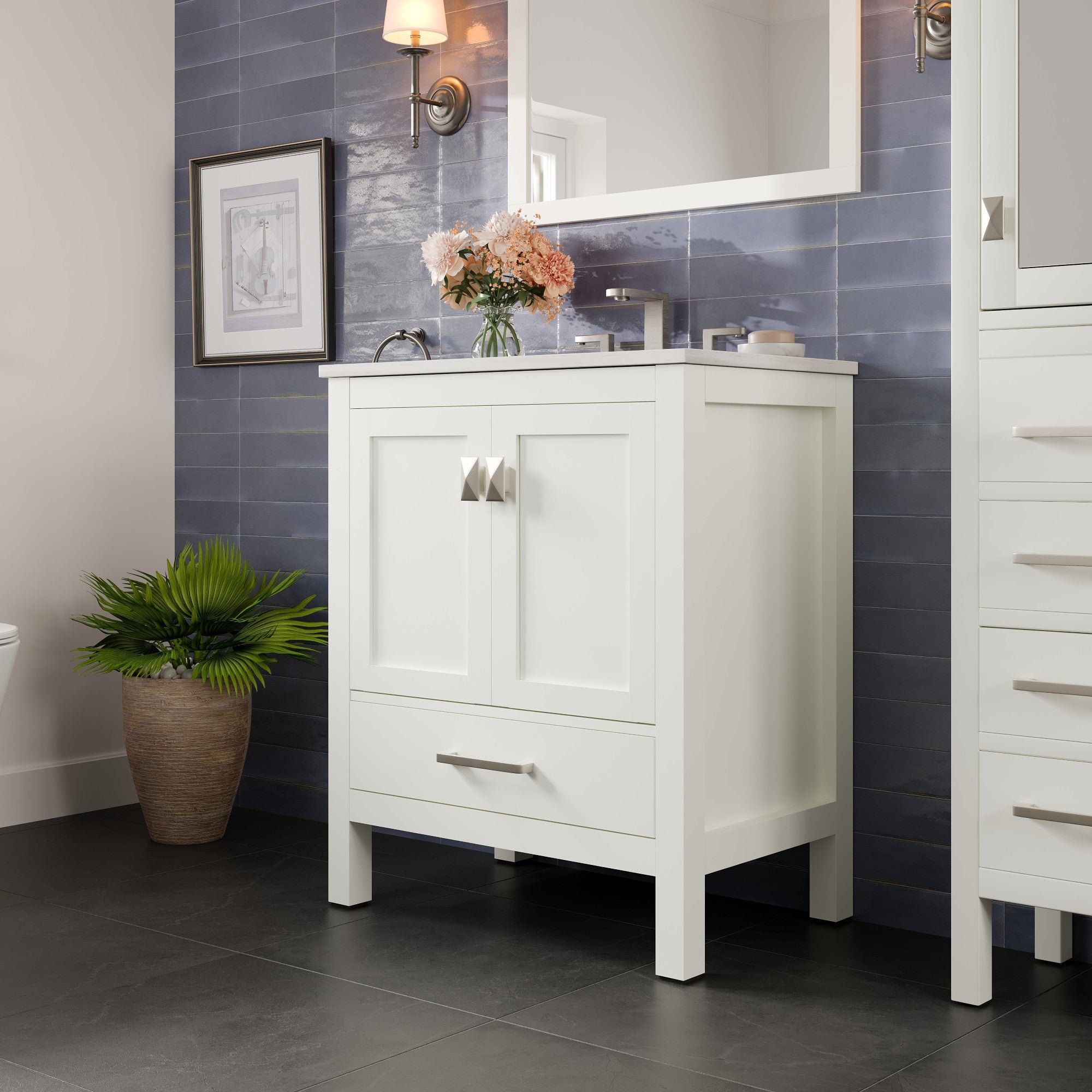 Aberdeen 30 in. White Single Sink Bath Vanity with Carrara Quartz Top and Undermount Porcelain Sink - Bathroom Vanity by Eviva