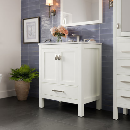 Aberdeen 30 in. White Single Sink Bath Vanity with Carrara Quartz Top and Undermount Porcelain Sink - Bathroom Vanity by Eviva