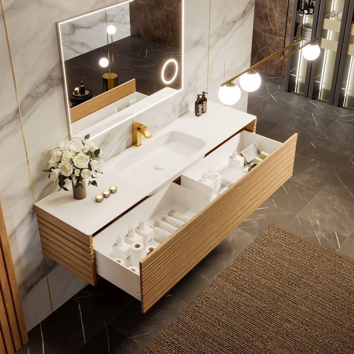 Eviva Allure 55"W x 20"D Oak Wall Mount Bathroom Vanity with White Solid Surface Countertop and Integrated Sink