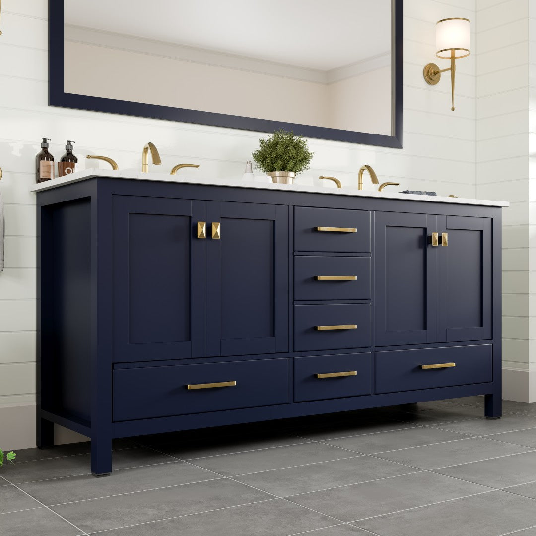 Aberdeen 78 in. Blue Double Sink  Bath Vanity with Carrara Quartz Top and Undermount Porcelain Sinks