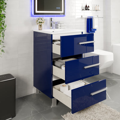 Deluxe 24"W x 18"D Blue Bathroom Vanity with White Porcelain Countertop and Integrated Sink