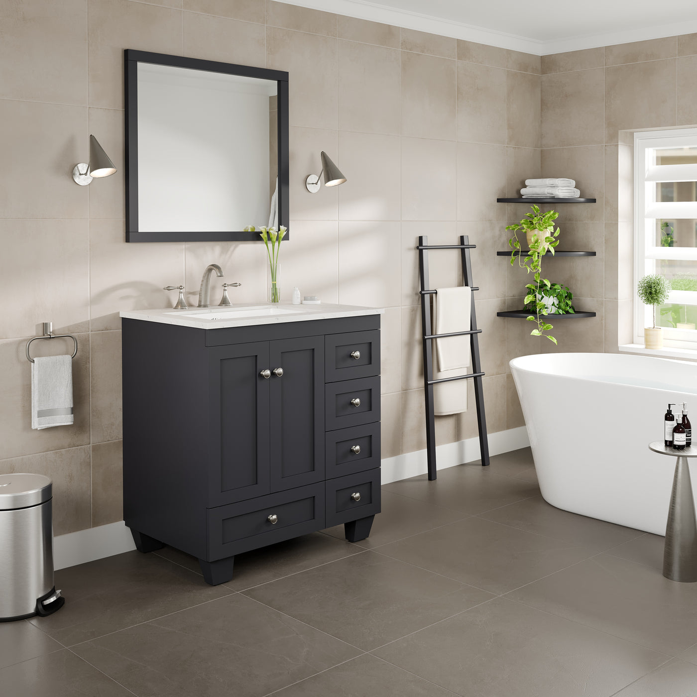 Acclaim 30"W x 22"D Dark Gray Bathroom Vanity with White Carrara Quartz Countertop and Undermount Porcelain Sink