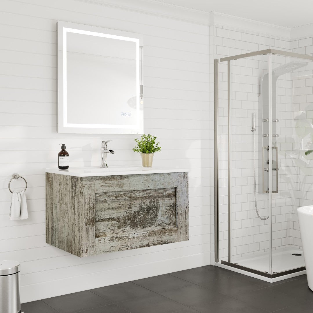 Capri 32 in. Vintage Ash Wall Mount Single Sink Bath Vanity with Porcelain Top and Integrated Sink