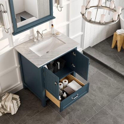 Eviva Britney 30 Inch Transitional Ash Blue Bathroom Vanity with Carrera Marble Top